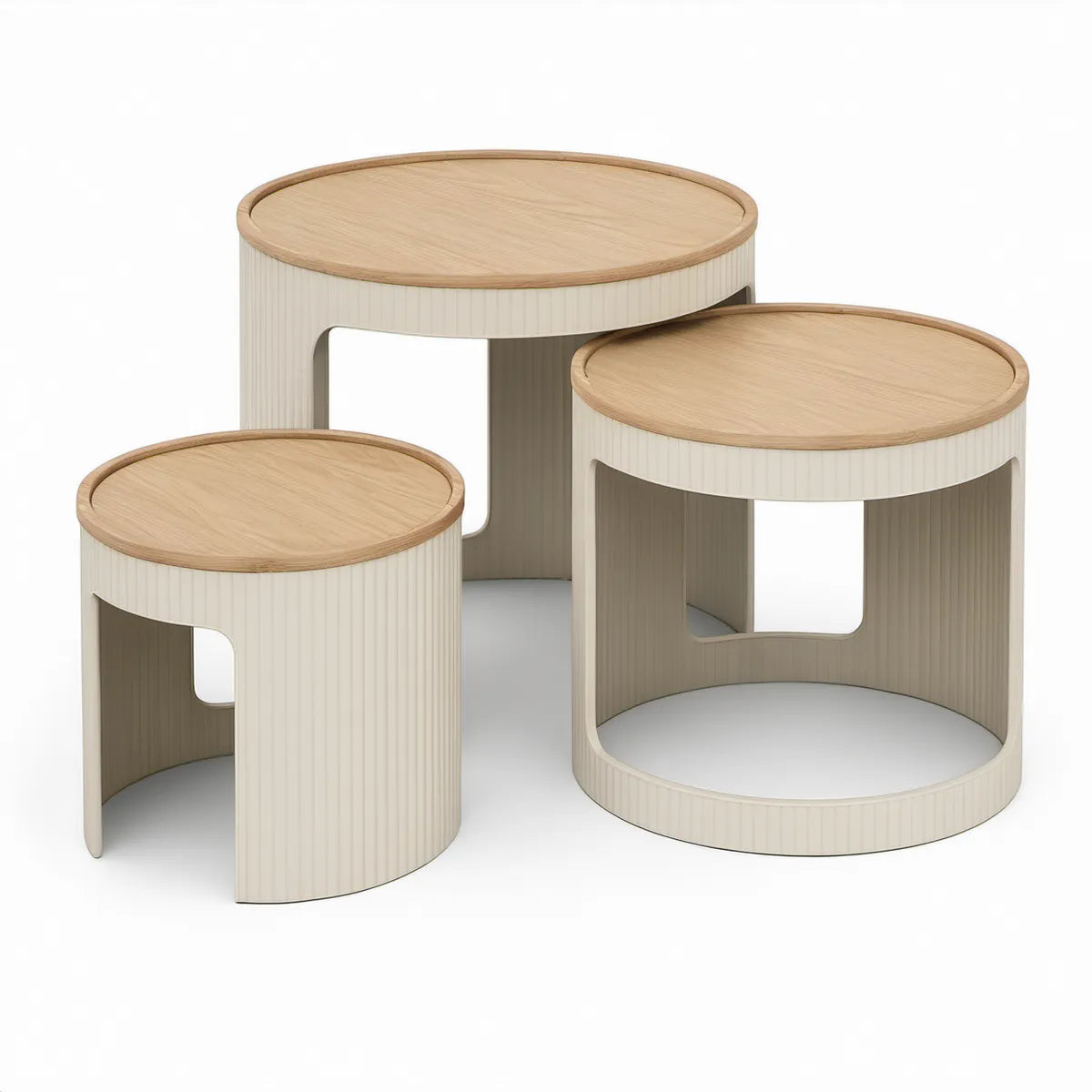 3er-Set runde Tische aus MDF mit Eichenfurnier, Natur/Cremeweiss, Ø 45/60/70 cm