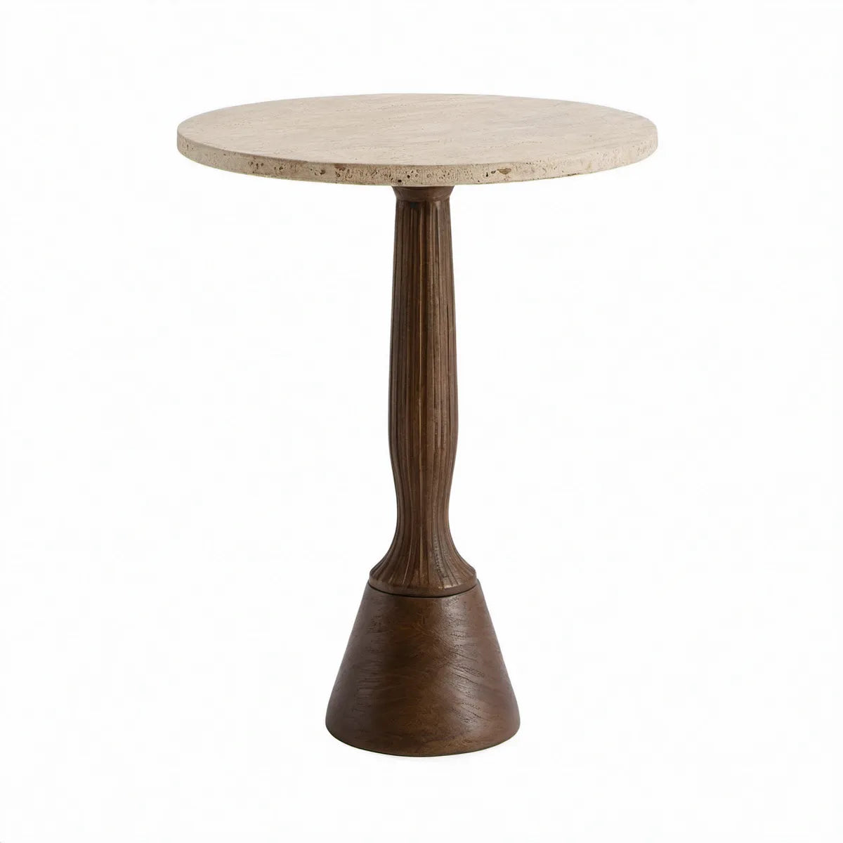 Runder Beistelltisch aus Travertin und Massivholz, Ø 50 cm, Höhe 60 cm, Beige/Braun
