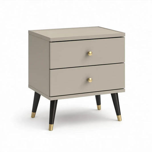 Nachttisch mit 2 Schubladen aus MDF und Gummibaumholz, Taupe/Schwarz/Gold, 45 x 40 x 60 cm