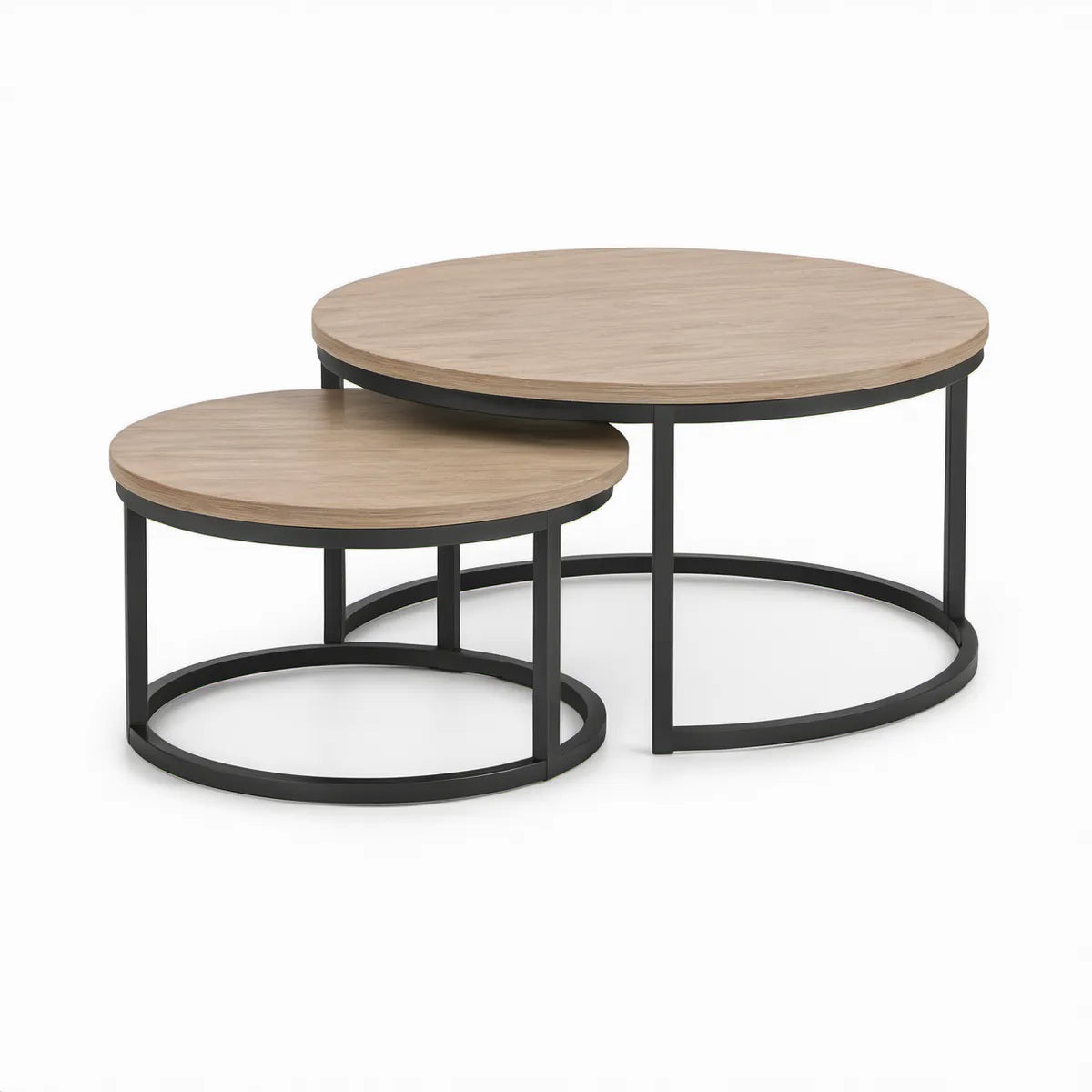 2-teiliges rundes Couchtisch-Set aus MDF und Stahl, Hellbraun/Schwarz, Ø 80 x 45 cm und Ø 60 x 35 cm