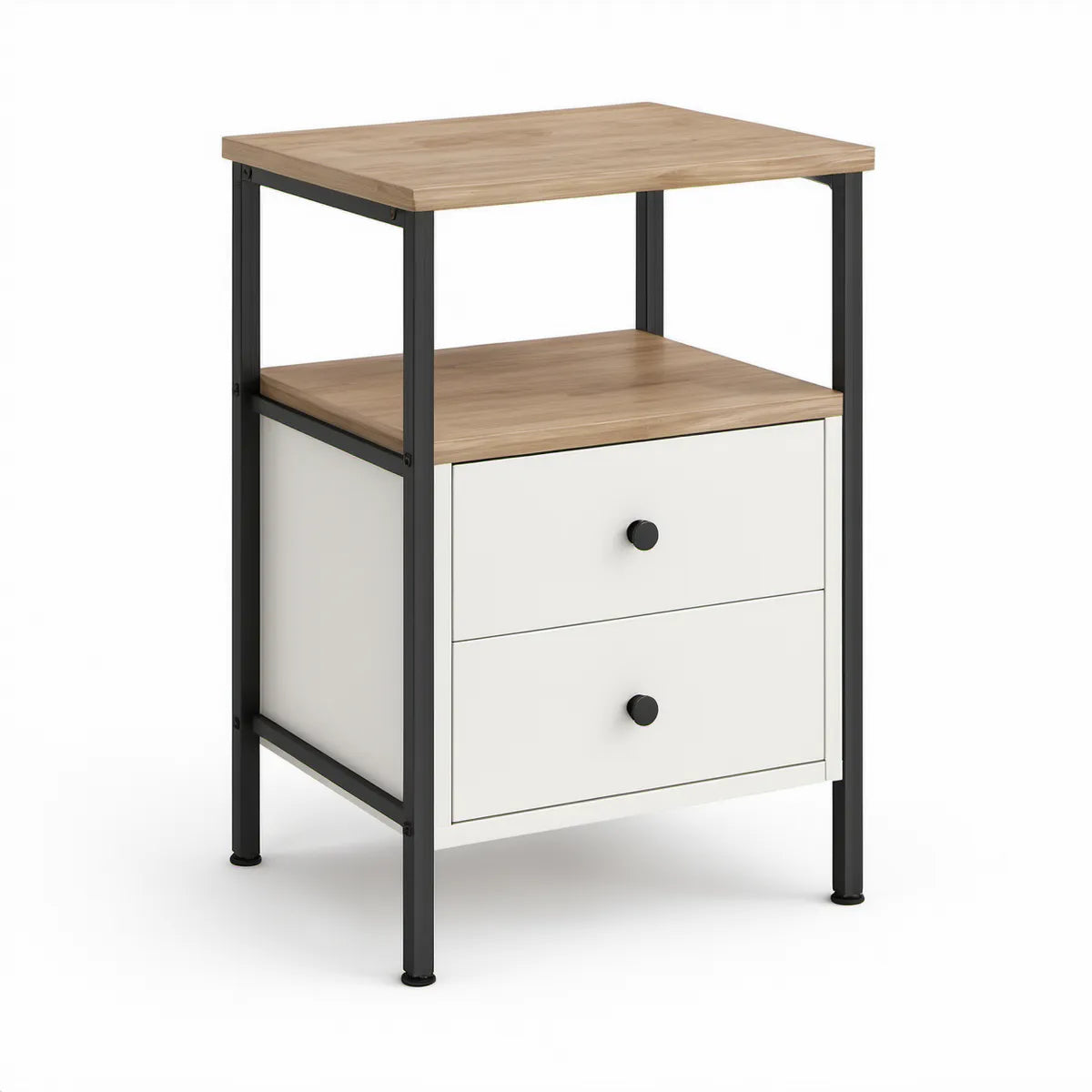 Nachttisch mit 2 Schubladen und offener Ablage, 40 x 40 x 60 cm, Eichenoptik Weiss Schwarz