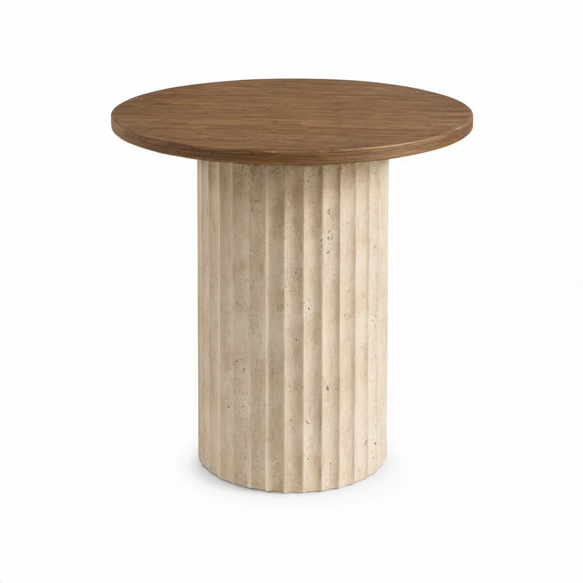Runder Beistelltisch Ø 50 cm, Walnussfurnier und Travertinsockel, Braun/Beige, Höhe 55 cm