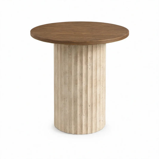 Runder Beistelltisch Ø 50 cm, Walnussfurnier und Travertinsockel, Braun/Beige, Höhe 55 cm