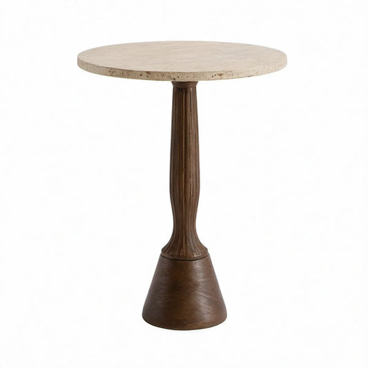 Runder Beistelltisch aus Travertin und Massivholz, Ø 50 cm, Höhe 60 cm, Beige/Braun