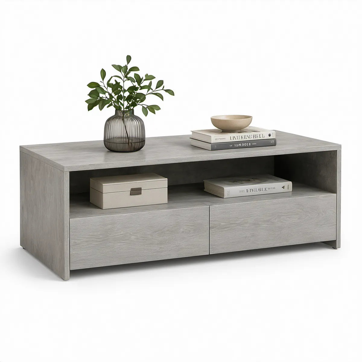 Rechteckiger Couchtisch aus MDF in Grau mit 2 Schubladen und offenem Ablagefach, 100 x 50 x 45 cm