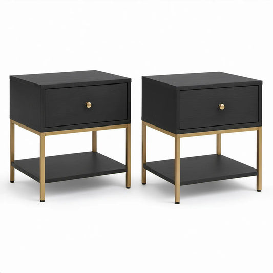 2er-Set Nachttische mit Schublade und Ablage, 40 x 40 x 60 cm, Schwarz/Gold